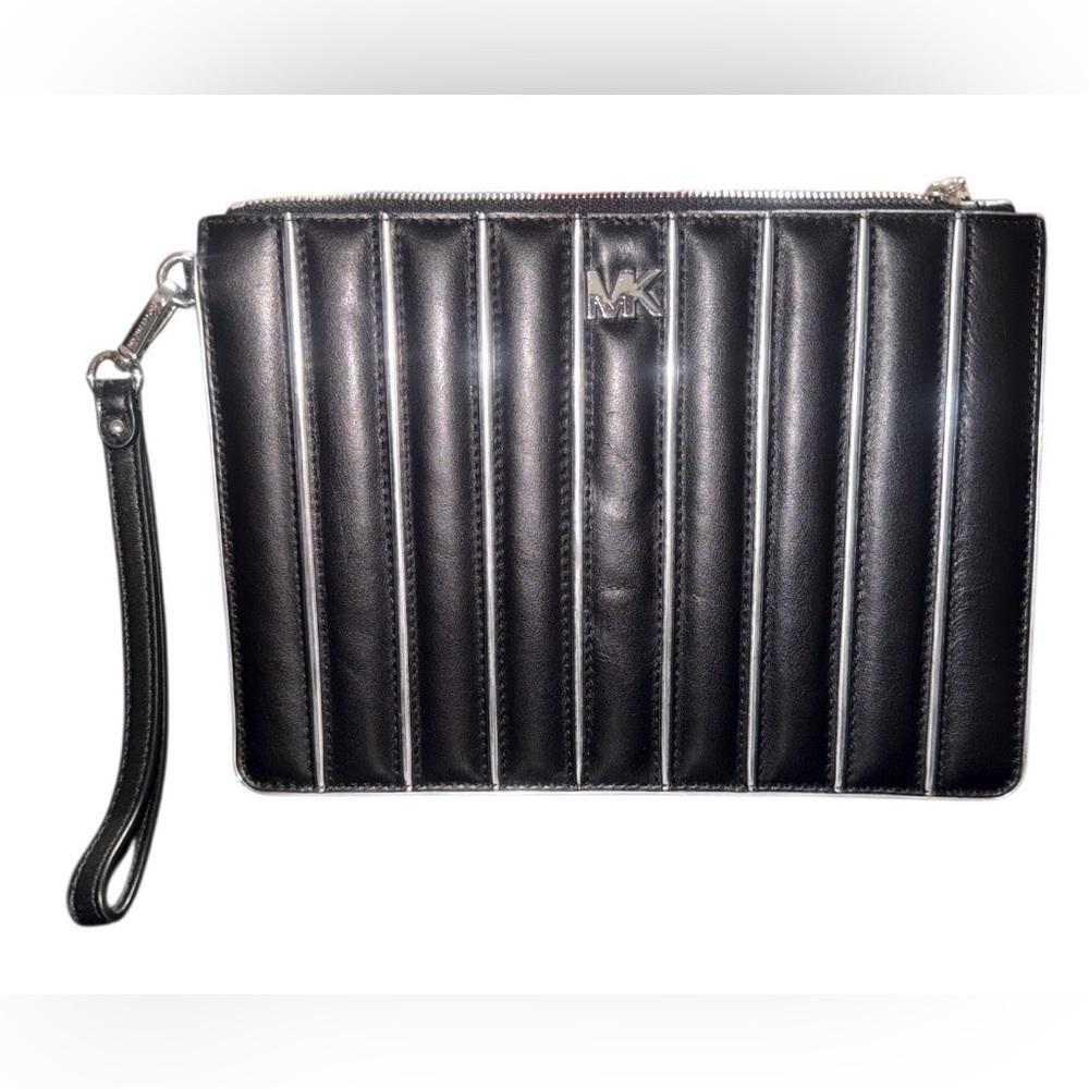 Michael Kors Black Quilted Leather Wrist Strap Pouch like new
